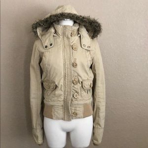Tan Fur Lined Hooded Winter Coat